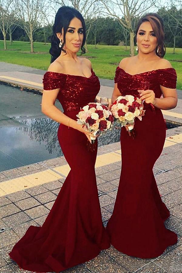 off shoulder mermaid dark red long bridesmaid dresses with sequins dtb92