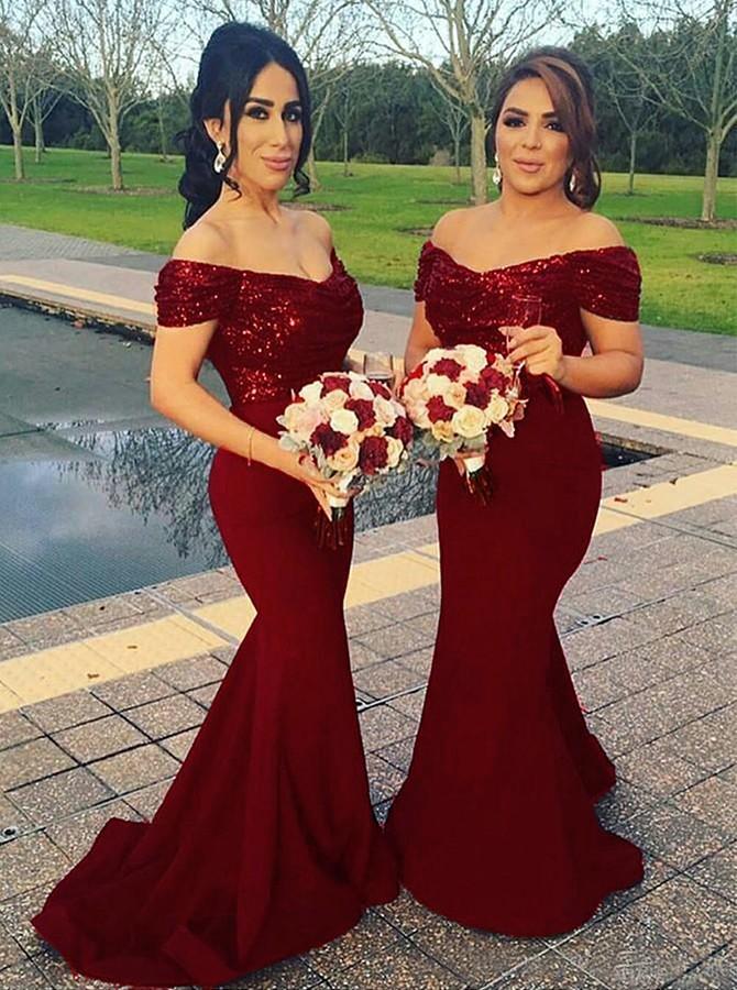 Off Shoulder Mermaid Dark Red Long Bridesmaid Dresses with Sequins DTB92 DressTok.co.uk Off Shoulder Mermaid Dark Red Long Bridesmaid Dresses with Sequins DTB92 DressTok.co.uk