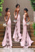 Spaghetti Straps Mermaid Pink Long Bridesmaid Dresses with Lace Appliques