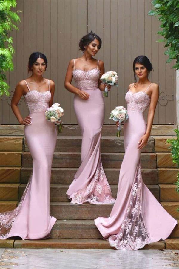 spaghetti straps mermaid pink long bridesmaid dresses with lace appliques dtb94