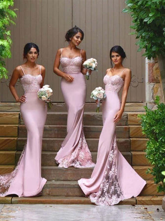 Spaghetti Straps Mermaid Pink Long Bridesmaid Dresses with Lace Appliques