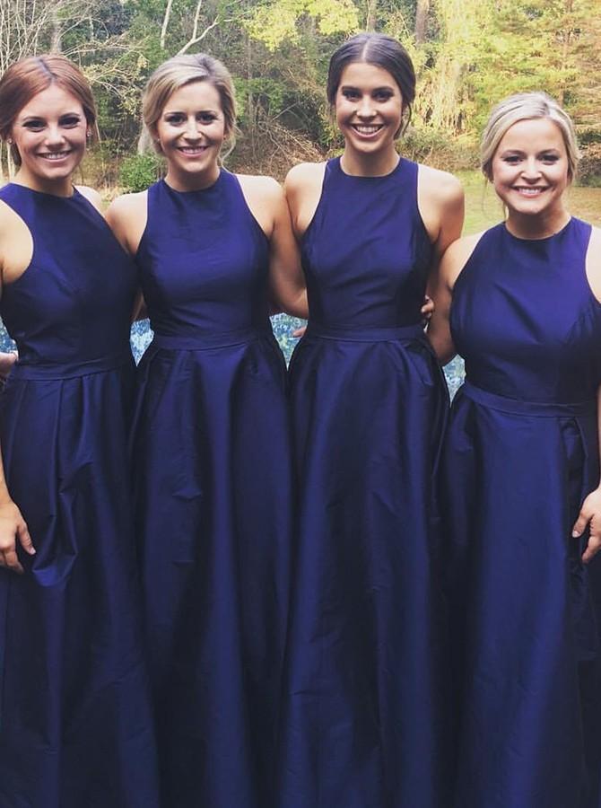 A-Line Jewel Satin Royal Blue Long Bridesmaid Dresses