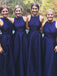 A-Line Jewel Satin Royal Blue Long Bridesmaid Dresses