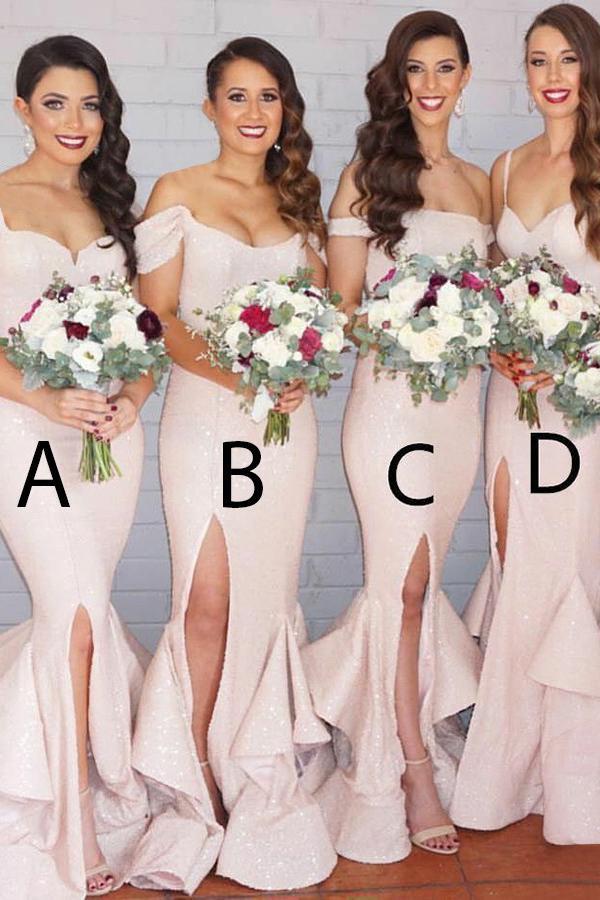 sparkly mermaid pearl pink sequined long bridesmaid dresses with ruffles dtb93