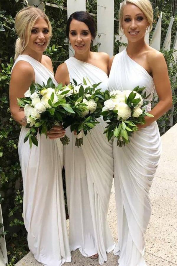 one-shoulder floor-length sheath bridesmaid dresses with ruched dtb104