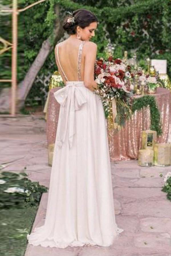 A-Line Sequins Bodice Backless Bridesmaid Dress with Bowknot