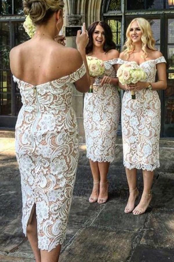 Off-the-Shoulder Mid-Calf Sheath Lace Bridesmaid Dresses