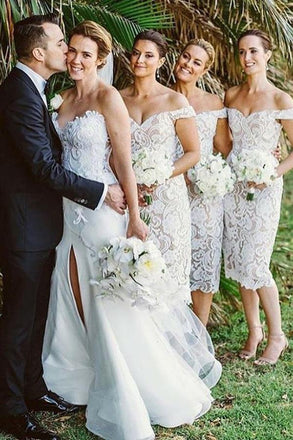 off-the-shoulder mid-calf sheath lace bridesmaid dresses dtb98