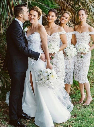 Off-the-Shoulder Mid-Calf Sheath Lace Bridesmaid Dresses