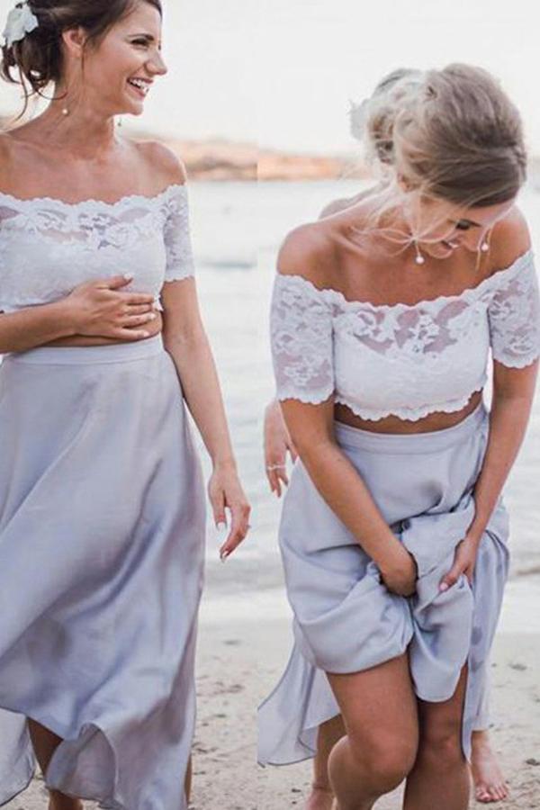 beach off-shoulder ankle-length two piece bridesmaid dresses with lace dtb106