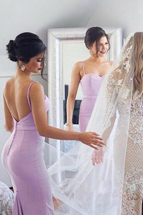 Spaghetti Straps Mermaid Lilac Backless Bridesmaid Dresses with Pleats