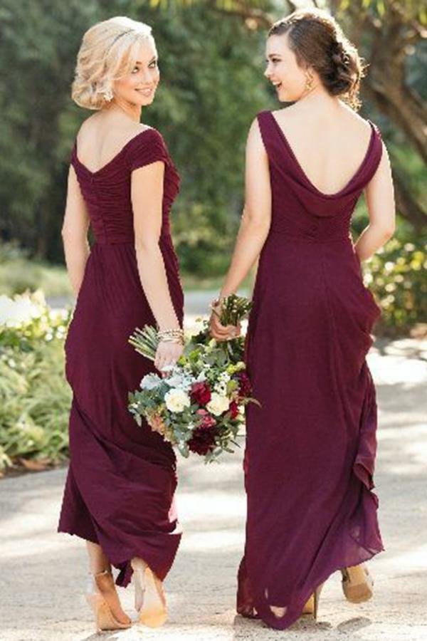 Sheath Off-the-Shoulder Burgundy Long Bridesmaid Dresses