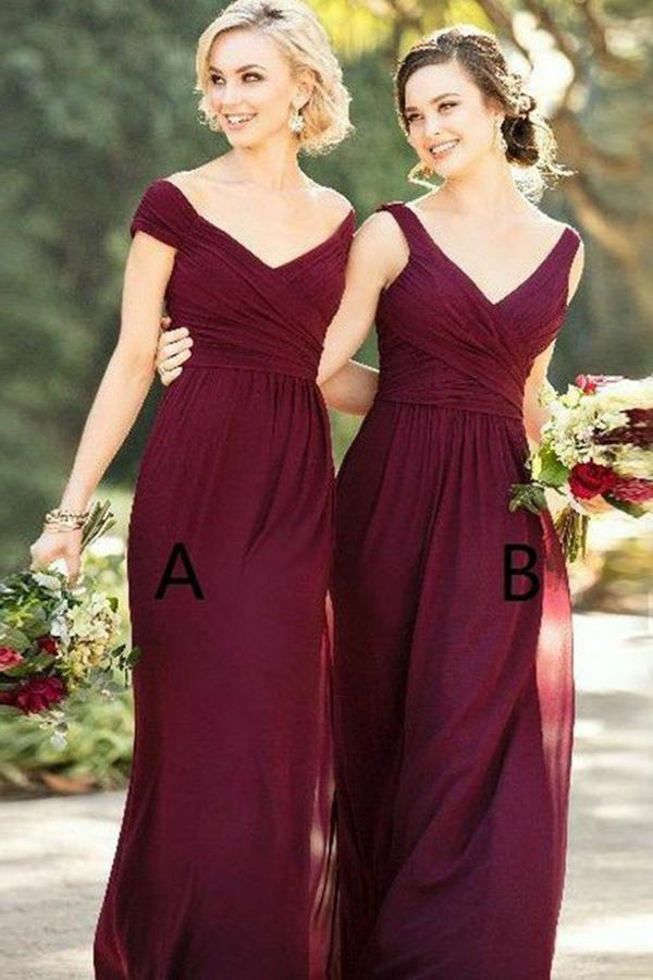 sheath off-the-shoulder burgundy long bridesmaid dresses dtb110