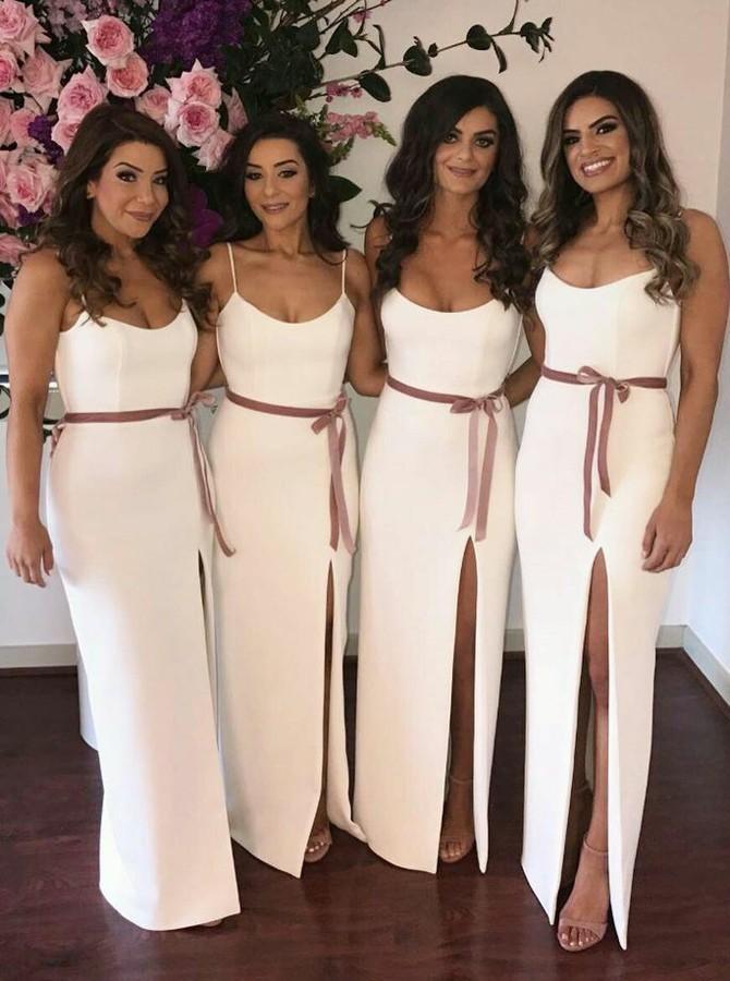 Spaghetti Straps Floor-Length Sheath Bridesmaid Dresses with Split