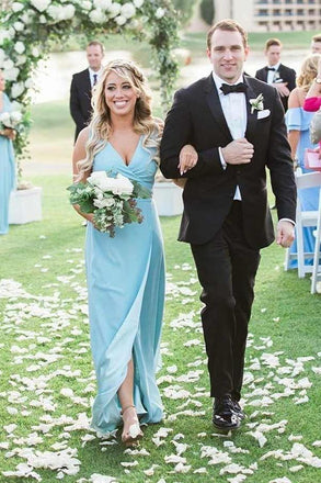 sheath v-neck floor-length blue bridesmaid dresses with split dtb114