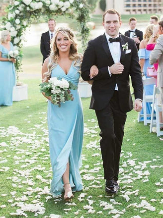Sheath V-Neck Floor-Length Blue Bridesmaid Dresses with Split