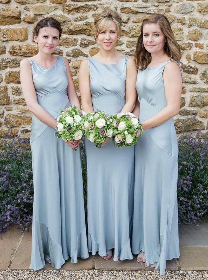 Sheath Round Neck Sleeveless Dusty Blue Long Bridesmaid Dresses