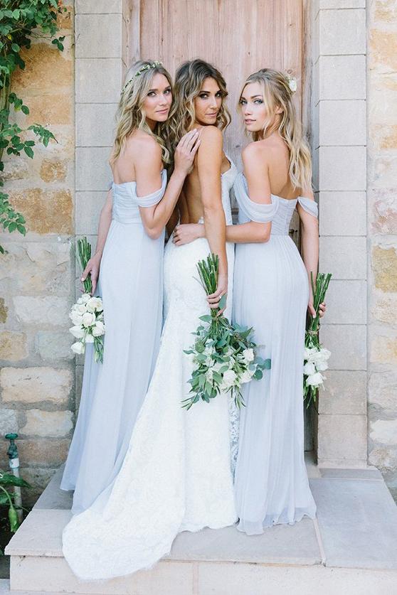 Off-Shoulder Floor-Length Dusty Blue Chiffon Long Bridesmaid Dresses