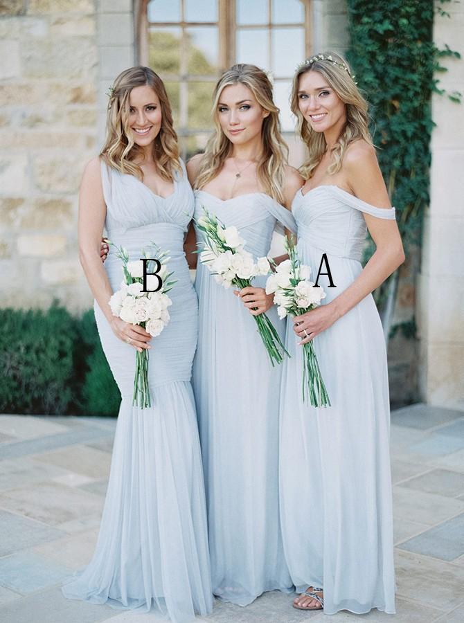 Off-Shoulder Floor-Length Dusty Blue Chiffon Long Bridesmaid Dresses