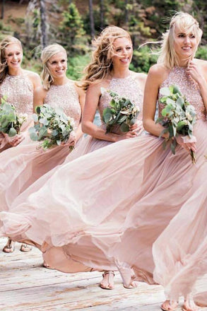 flowy chiffon bridesmaid dresses a-line jewel blush pink with sequins dtb118
