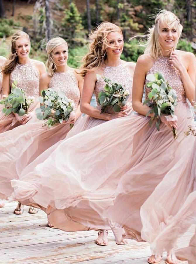 Flowy Chiffon Bridesmaid Dresses A-Line Jewel Blush Pink with Sequins