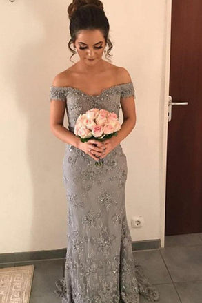 off-the-shoulder lace appliques grey sheath bridesmaid dress dtb120
