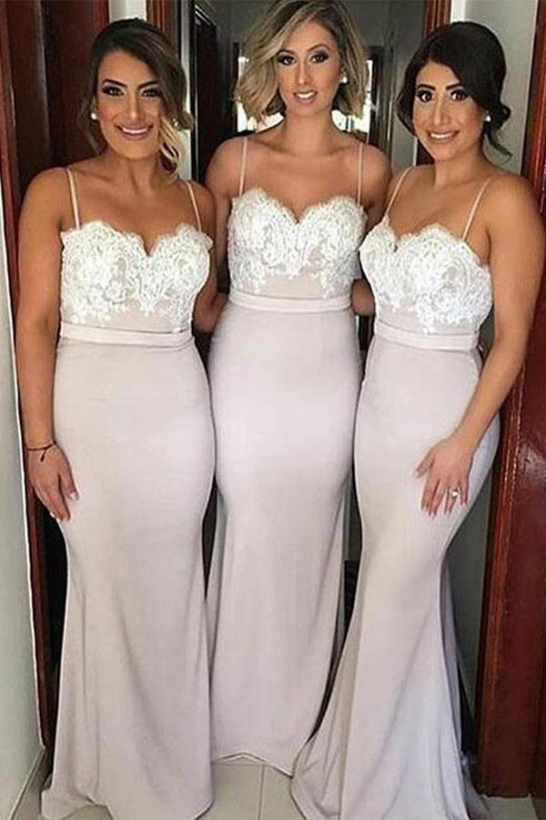 mermaid spaghetti straps bridesmaid dresses with lace appliques dtb121