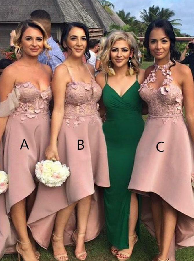 A-Line High Low Blush Pink Bridesmaid Dresses with Appliques (A/B/C)