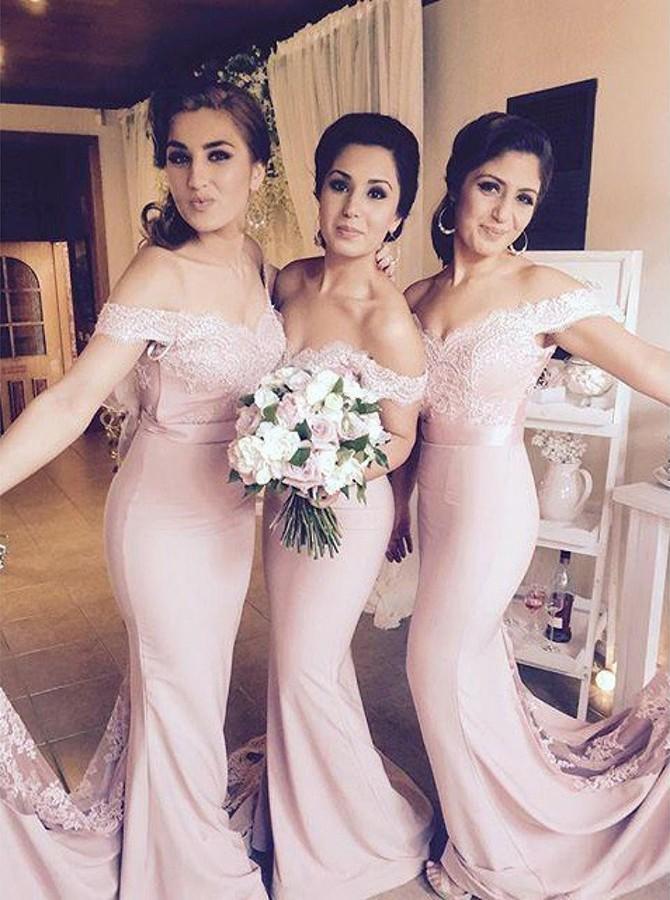 Off-Shoulder Low Back Blush Mermaid Bridesmaid Dresses With Lace