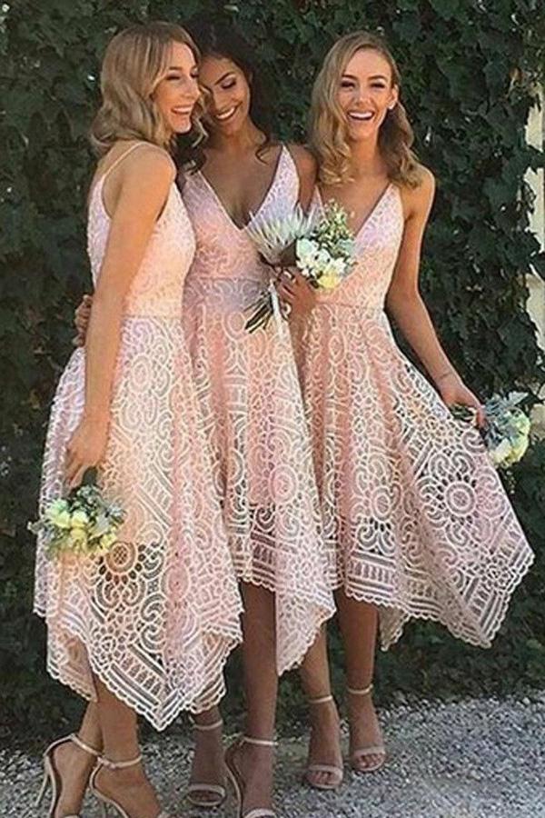 Spaghetti Straps V-neck Asymmetrical Lace Short Pink Bridesmaid Dresses DTB37 DressTok.co.uk Spaghetti Straps V-neck Asymmetrical Lace Short Pink Bridesmaid Dresses DTB37 DressTok.co.uk