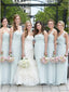 A-Line One-Shoulder Light Blue Long Bridesmaid Dresses with Ruched
