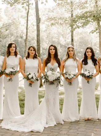 simple bateau elastic satin white mermaid bridesmaid dresses dtb198