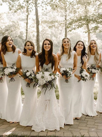 Simple Bateau Elastic Satin White Mermaid Bridesmaid Dresses