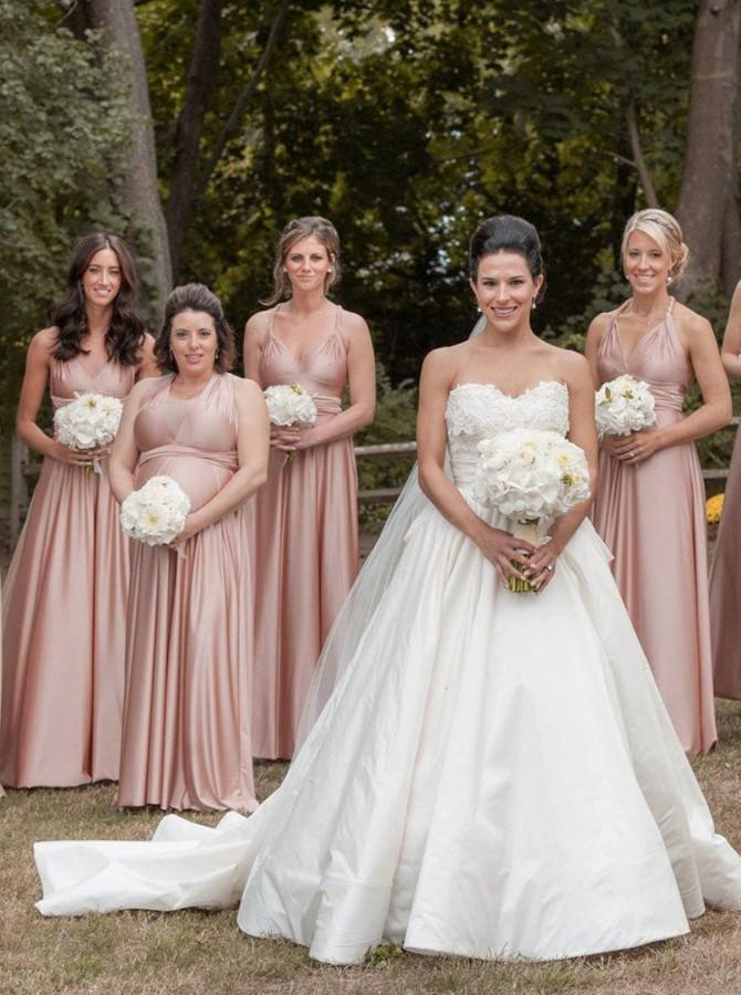 a-line v-neck convertible pink long bridesmaid dresses dtb195
