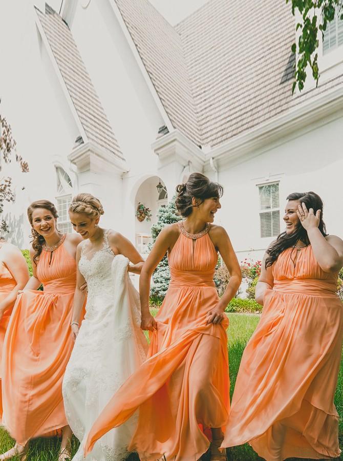 A-Line Crew Long Chiffon Coral Bridesmaid Dresses with Beading