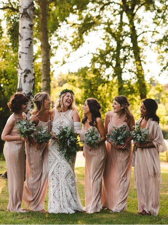 spaghetti straps pink sheath bridesmaid dresses with sequins dtb193