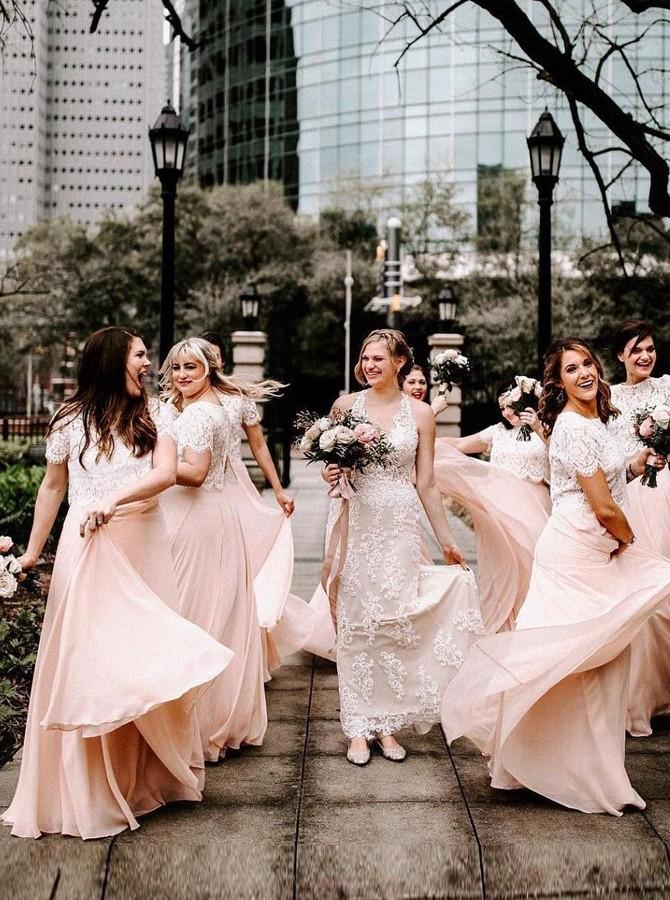 short sleeves two piece chiffon bridesmaid dresses with lace dtb165