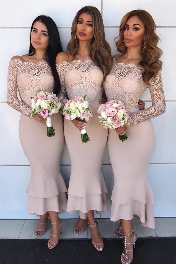 mermaid lace long sleeves hi-low off-shoulder bridesmaid dresses dtb122