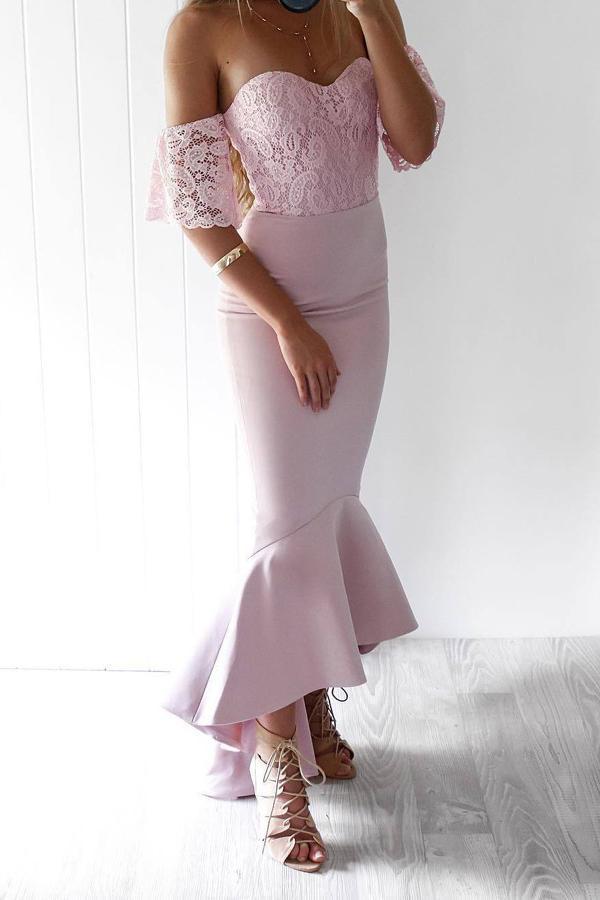 Off-Shoulder Lace Short Sleeves Hi-Low Mermaid Bridesmaid Dresses