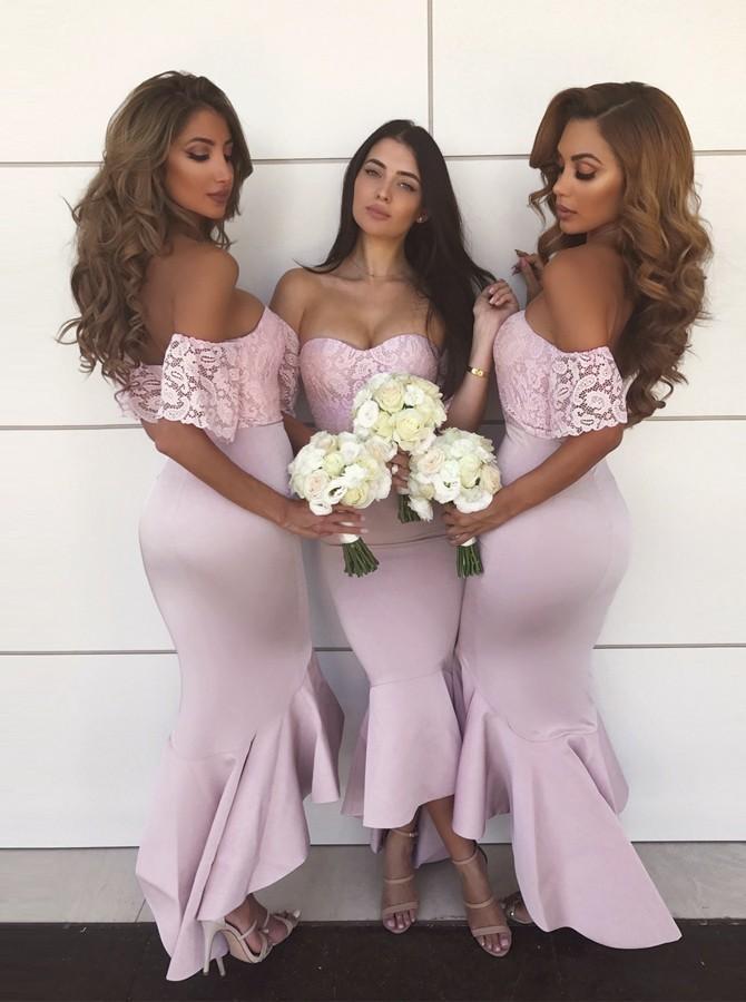 Off-Shoulder Lace Short Sleeves Hi-Low Mermaid Bridesmaid Dresses