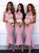 Lace Cap Sleeves Hi-Low Asymmetry Pink Mermaid Bridesmaid Dresses