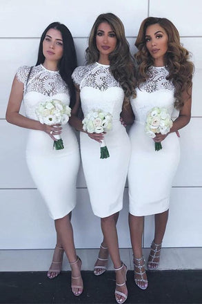 jewel lace cap sleeves white sheath knee-length bridesmaid dresses dtb125