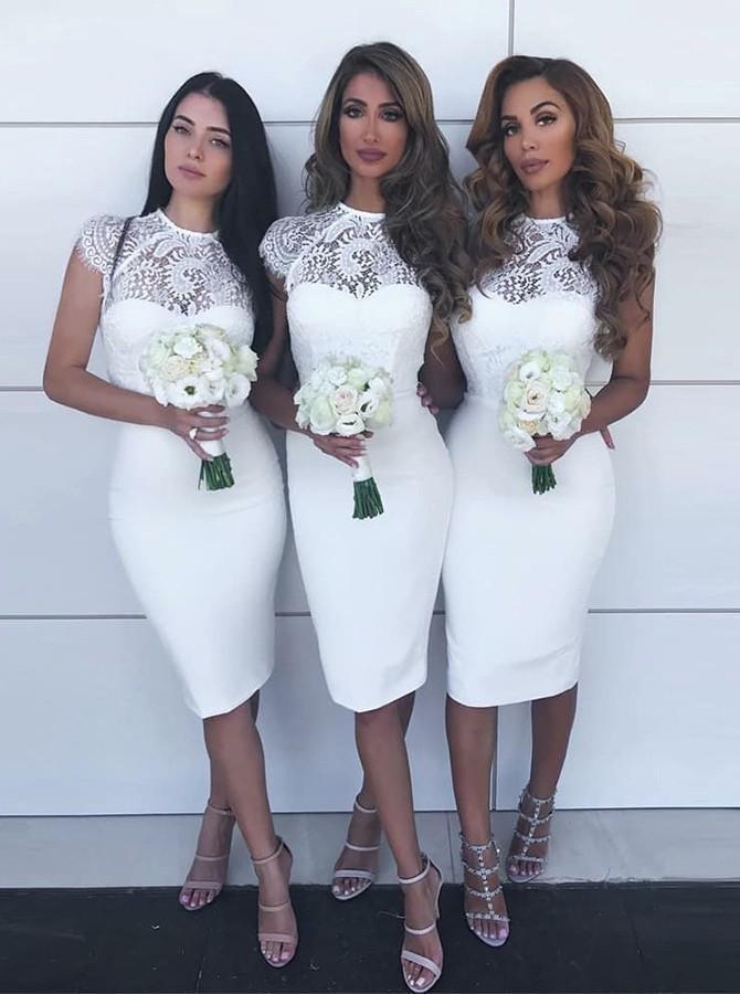 Jewel Lace Cap Sleeves White Sheath Knee-Length Bridesmaid Dresses