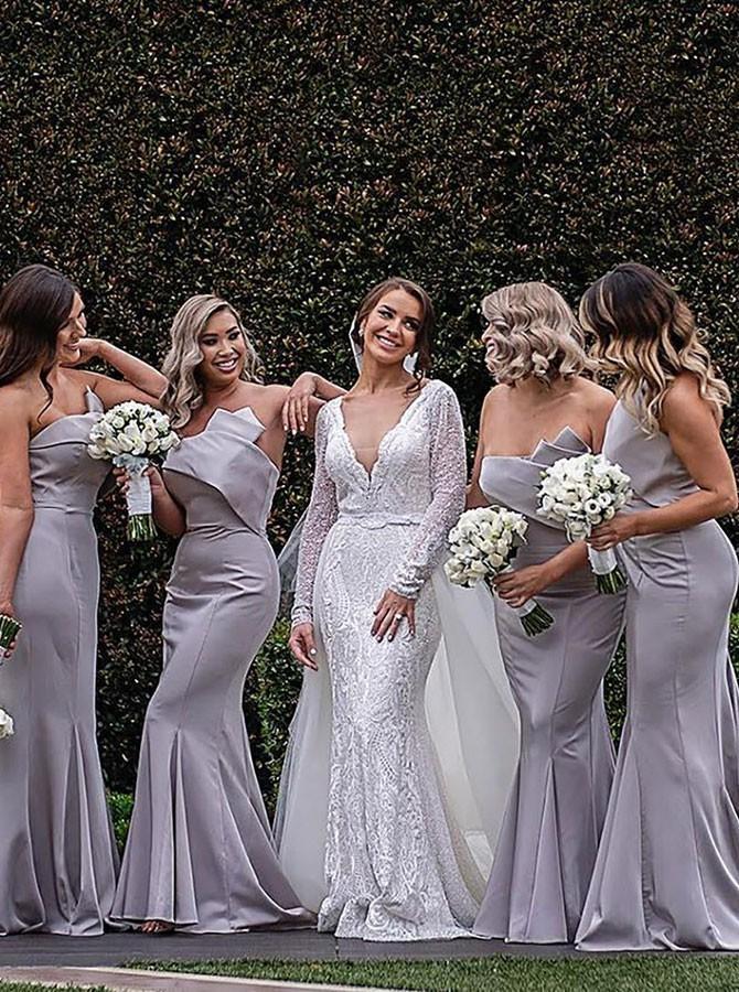 mermaid strapless light grey bridesmaid dresses with ruffles dtb174