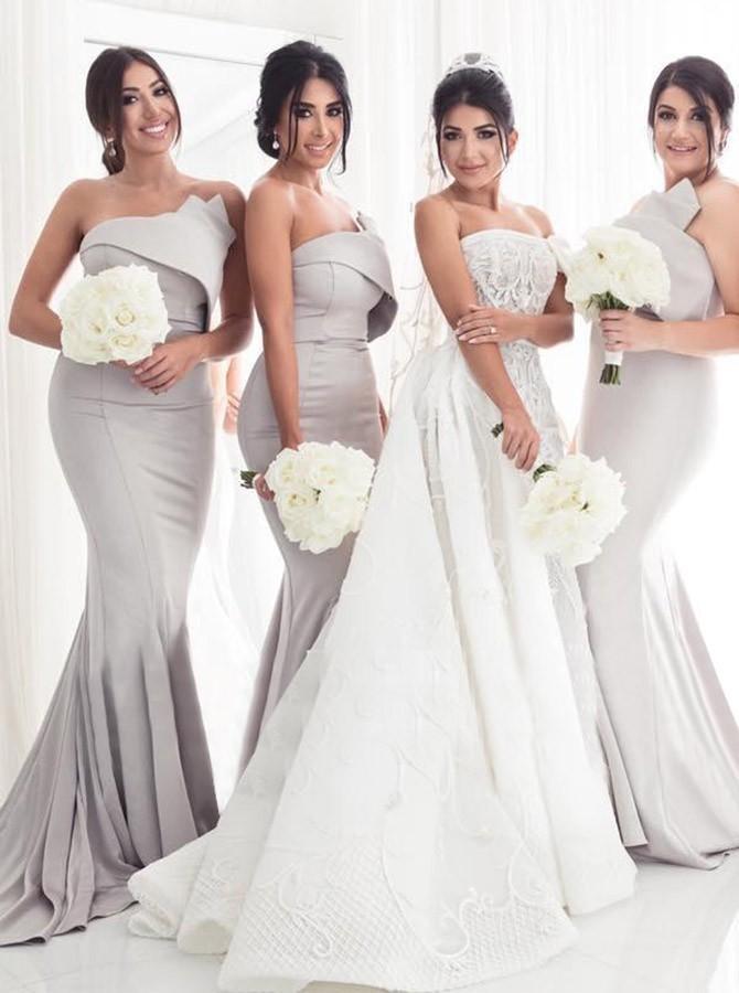 Mermaid Strapless Light Grey Bridesmaid Dresses with Ruffles