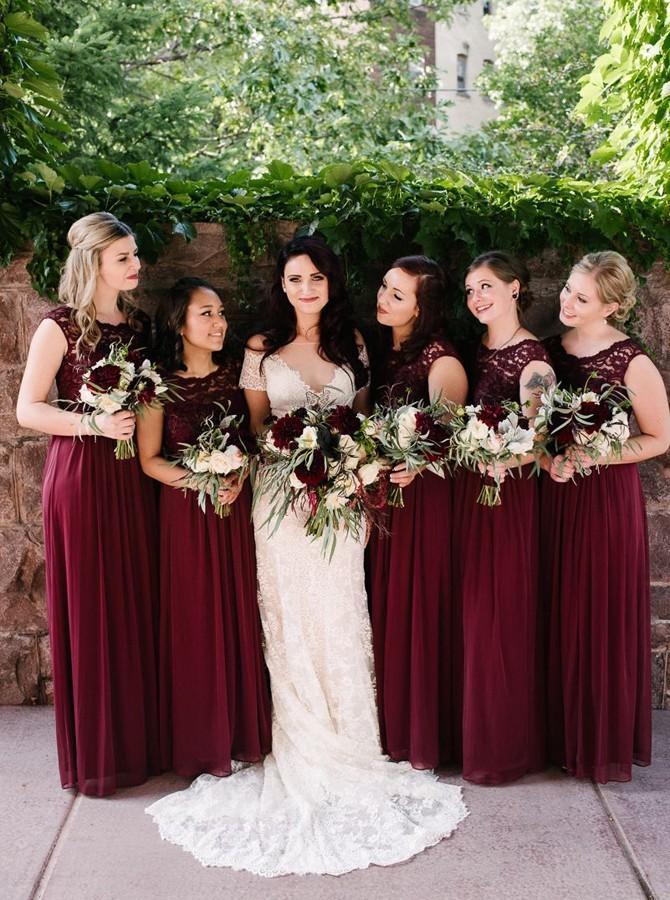 a-line chiffon burgundy bridesmaid dresses with lace top dtb175