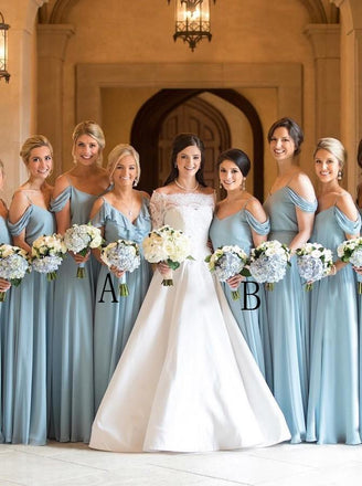 spaghetti off shoulder light blue chiffon long bridesmaid dresses with ruffles dtb176