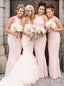 Jewel Floor-Length Pearl Pink Stretch Satin Mermaid/Trumpet Bridesmaid Dresses