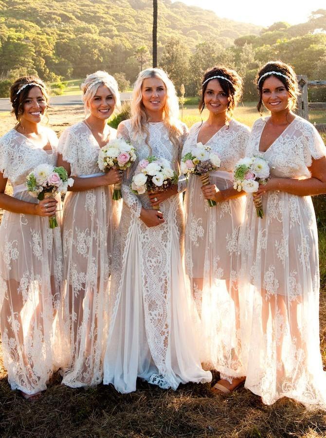 a-line v-neck ivory boho lace bridesmaid dresses with cap sleeves dtb177