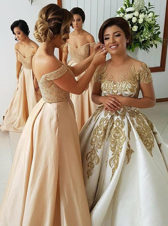 Off Shoulder Beading Bodice Long Bridesmaid Dresses with Pockets